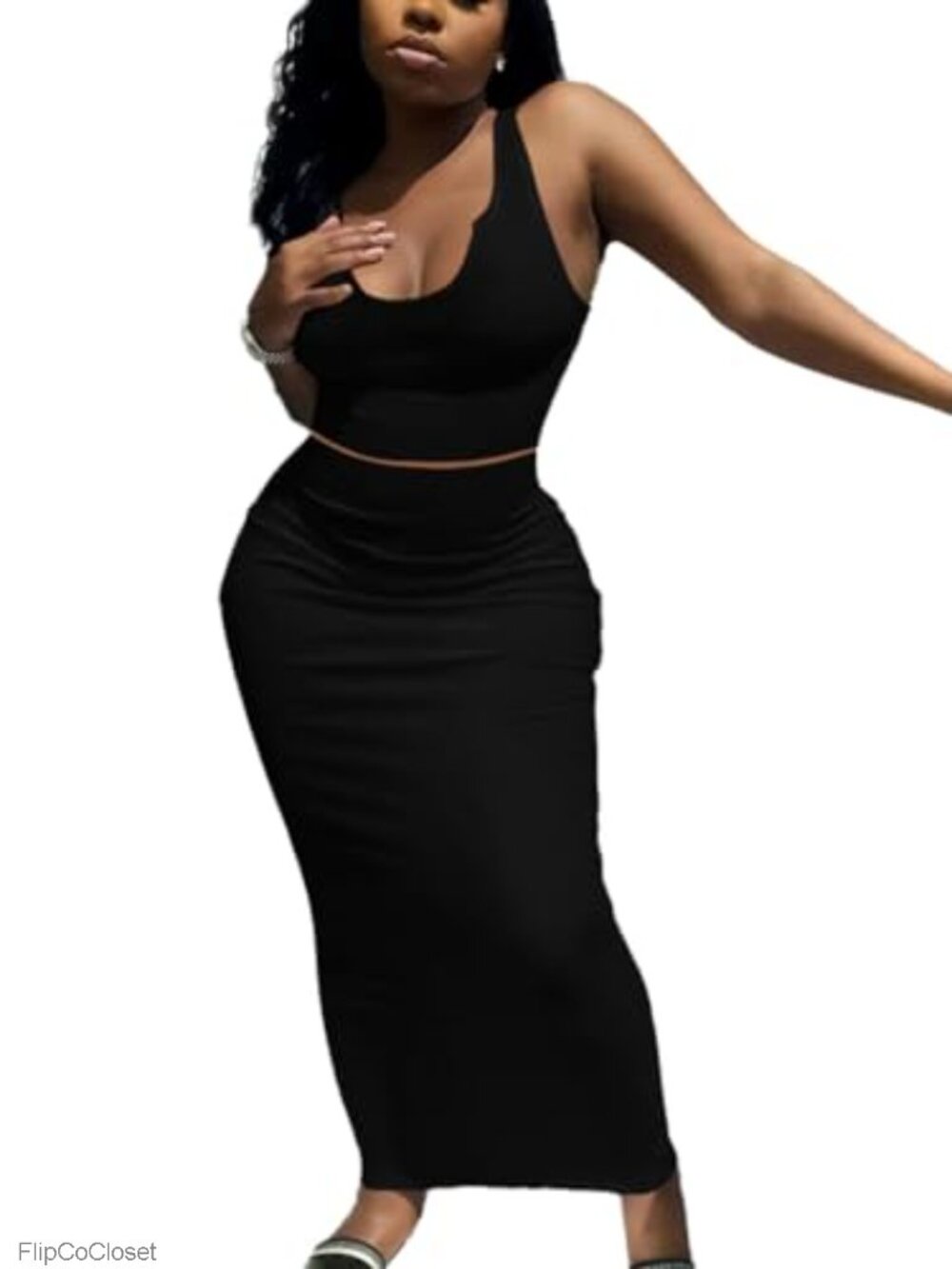 Women's 2 Piece Bodycon Skirt Set Sleeveless Crop Tank High Waisted Maxi Skirt